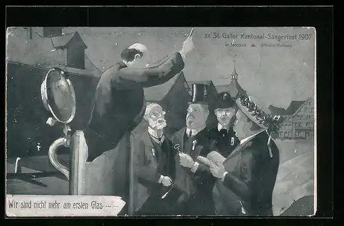 Künstler-AK Gossau, St. Galler Kantonal-Sängerfest 1907, Dirigent mit angeheiterten Chorsängern