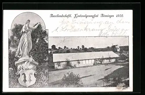 AK Binningen, Basellandschaftliches Kantonalgesangsfest 1902, Halle mit Strasse, Statue mit Wappen