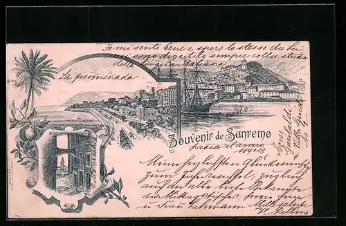 Vorläufer-Lithographie San Remo, 1892, Teilansicht, Promenade