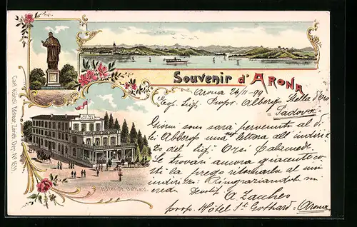 Lithographie Arona, Hotel S. Gothard, Gesamtansicht, Denkmal