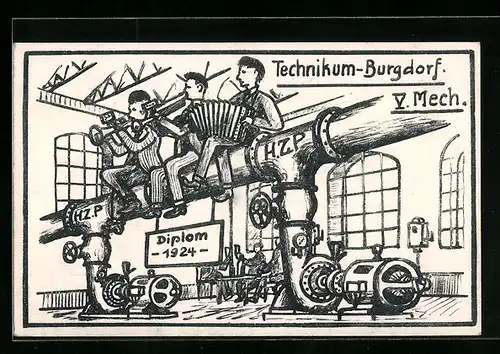 Künstler-AK Burgdorf, Technikum-Burgdorf V. Mech., Diplom 1924, studentische Szene