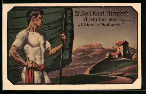 Künstler-AK Altstätten, St. Gall. Kant. Turnfest 1914. Turner mit Standarte