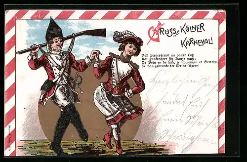 Lithographie Köln, Funke-Mariechen und Gardesoldat, Kölner Karneval