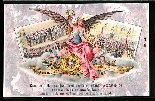 Lithographie Frankfurt a. M., II. Gesangwettstreit Deutscher Männer-Gesangvereine 1903, Germania mit Harfe