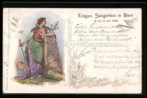 Lithographie Bern, Eidgen. Sängerfest 1899, Helvetia mit Schwert