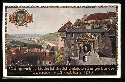 Künstler-AK Tübingen, 30. Allgem. Liederfest des Schwaäbischen Sängerbundes 1913, Burgtor, Wappen