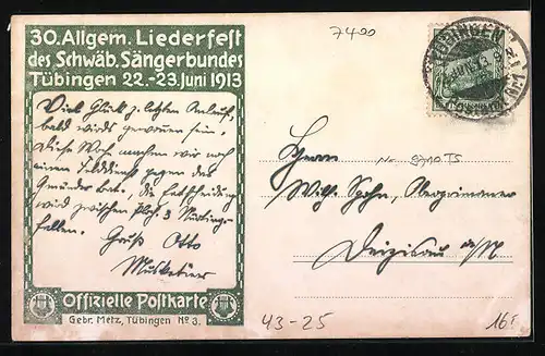 Künstler-AK Tübingen, 30. Allgem. Liederfest des Schwaäbischen Sängerbundes 1913, Burgtor, Wappen