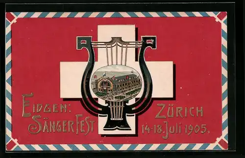 Präge-AK Zürich, Eidgen. Sängerfest 1905 - Festhalle, Schweizerkreuz und stilisierte Laute