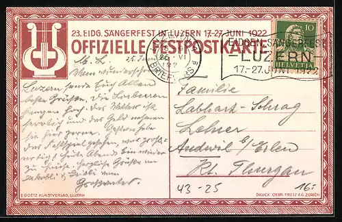 Künstler-AK Luzern, 25. Eidg. Sängerfest 1922, Festwagen Apollo der Gesellschaft Fidelitas