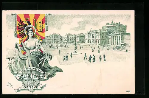 Lithographie Geneve, Concours Internat. Musique 1909, Platz im Stadtzentrum, Helvetia mit Harfe