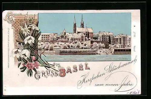 Winterglitzer-Lithographie Basel, Blick auf Münster im Winterkleid