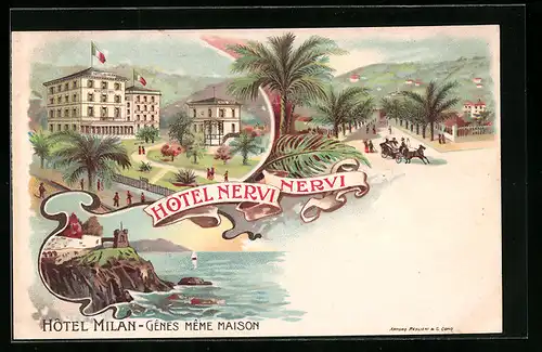 Lithographie Nervi, Hotel Nervi, Hotel Milan-Gênes même maison, Panorama
