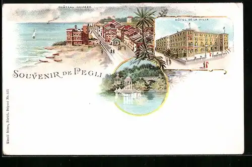 Lithographie Pegli, Hôtel de la Ville, Château Chiozza