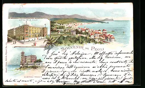 Lithographie Pegli, Hôtel de la Ville, Château Raggio, Panorama