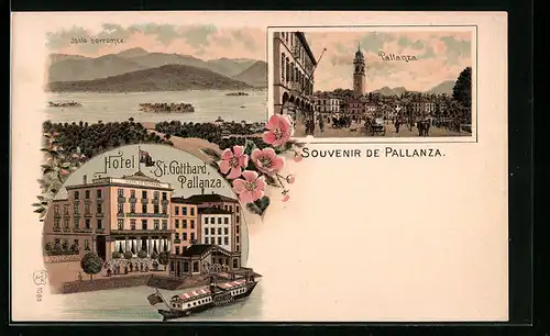 Lithographie Pallanza, Hotel St. Gotthard, Isole borromee, Panorama