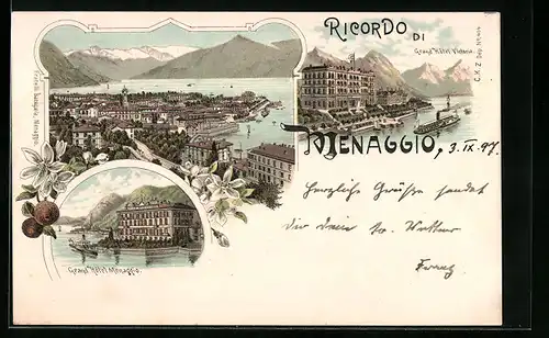 Lithographie Menaggio, Grand Hôtel Victoria, Grand Hôtel Menaggio, Panorama