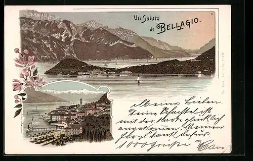 Lithographie Bellagio, Panorama, Küstenpartie