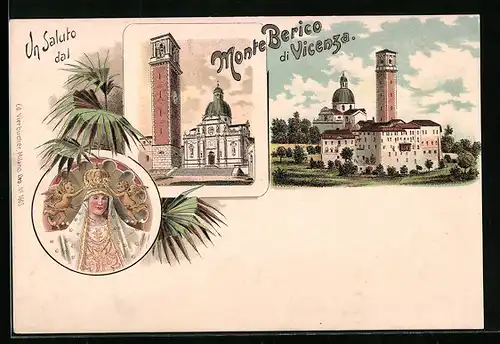 Lithographie Monte Berico di Vicenza, Kirche mit Turm, Ortspartie, Gnadenbild