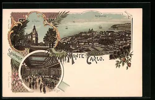 Lithographie Monte Carlo, Vue Generale, Le Théâtre, Salle de jeux