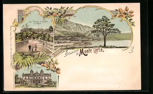 Lithographie Monte Carlo, Panorama, Le Casino, Les Terrasse et Jardins du Casino