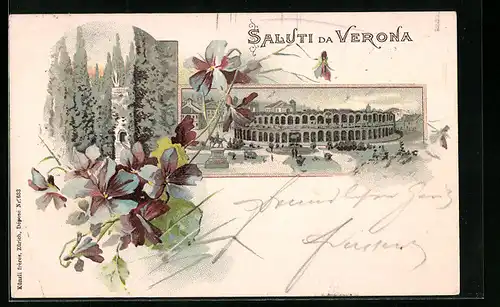 Lithographie Verona, Ortspartie mit Denkmal, Turm