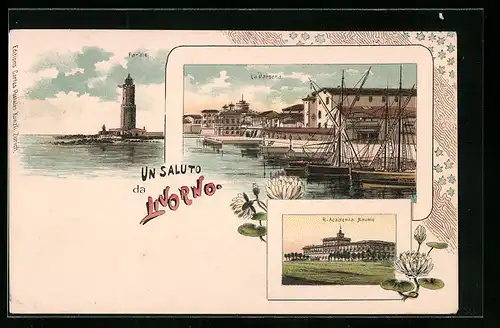 Lithographie Livorno, Fanale, La Darsena, R. Academia Navale