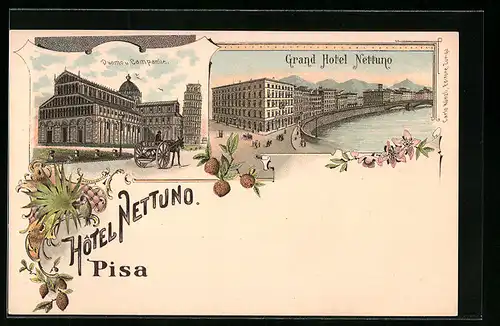 Lithographie Pisa, Grand Hotel Nettuno, Duomo u. Campanile