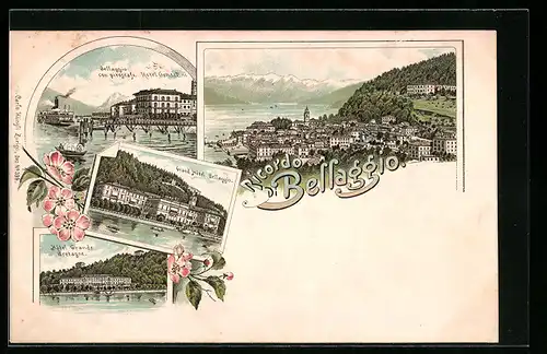 Lithographie Bellagio, Totalansicht mit Hotel Grande Bretagne