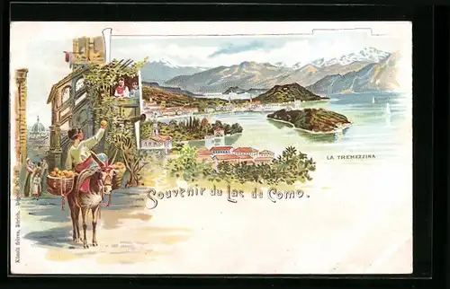 Lithographie Tremezzina, Ortsansicht mit Lac de Como