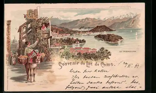 Lithographie Tremezzina, Ortsansicht mit Lac de Como