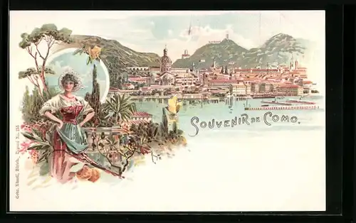 Lithographie Como, Ortsansicht mit Hafenpartie, Maid in Tracht