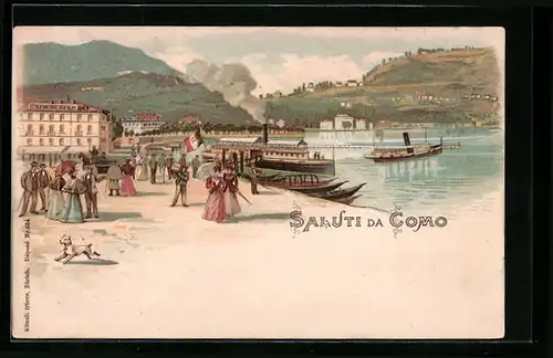 Lithographie Como, Pension Suisse, Hafenpartie, Dampfer