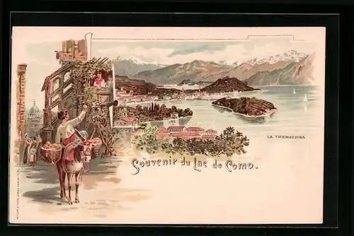 Lithographie Tremezzina, Junge verkauft Orangen von seinem Esel aus, Teilansicht, Lac de Como