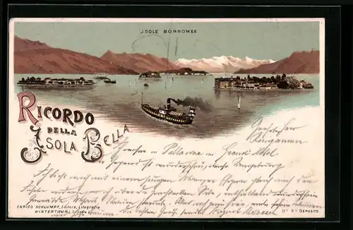Lithographie Isola Bella, Inselpanorama mit Dampfer, Isole Borromee