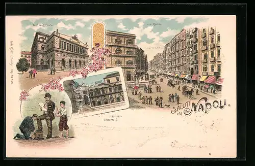 Lithographie Napoli, Teatro S. Carlo, Galleria Umberto I., Via Roma