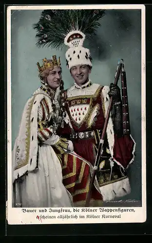AK Köln, Bauer und Jungfrau, die Kölner Wappenfiguren, Karneval