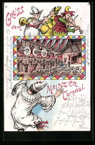 Lithographie Mainz, Gruss vom Mainzer Karneval