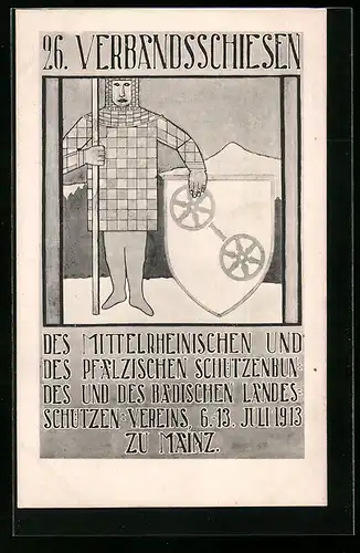 AK Mainz, 16. Verbandsschiessen 1913, Landsknecht mit Schild und Speer, Wappen