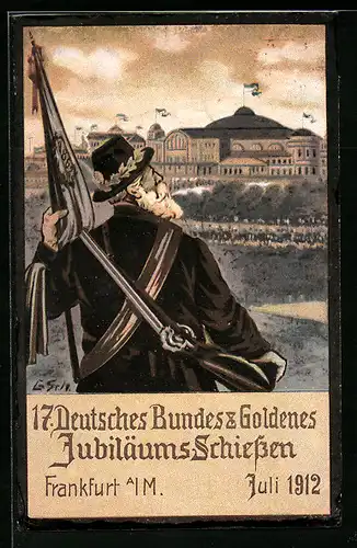 AK Frankfurt a. M., 17. Deutsches Bundes & Goldenes Jubiläums Schiessen 1912, Betagter Schütze mit Standarte