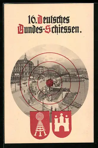 AK Hamburg. 16. Deutsches Bundesschiessen 1909, Zielscheibe am Jungfernsteg, Wappen