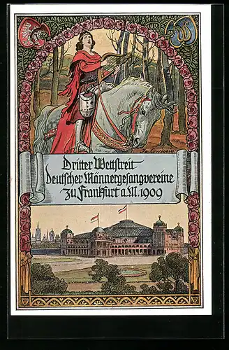 AK Frankfurt a. M., Dritter Wettstreit Deutscher Männergesangverein 1909, Halle, Barde auf Pferd