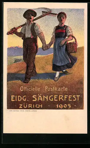Künstler-AK Zürich, Eidgenössisches Sängerfest 1905, Bauernpaar Hand in Hand