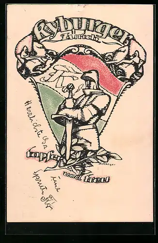 Künstler-AK Zürich, Studentenwappen Kyburger, Ritter mit Schwert, Tapfer und treu