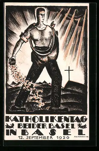 AK Basel, Katholikentag beider Basel 1920, Bauer bei der Aussaat