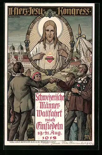 Künstler-AK Einsiedeln, Schweizerische Männerwohlfahrt 1912, II. Herz-Jesu-Kongress