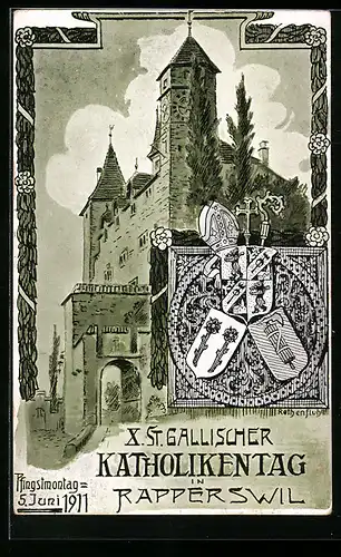 Künstler-AK Rapperswil, X. St. Gallischer Katholikentag am 5.6.1911