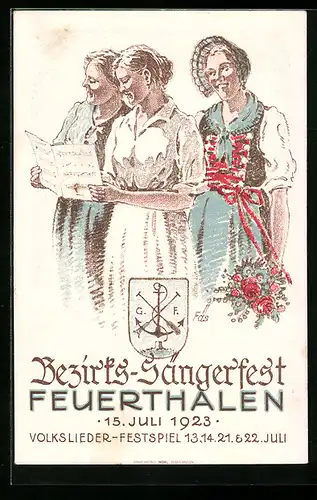 Künstler-AK Feuerthalen, Bezirks-Sängerfest 1923, Frauen mit Liedblatt