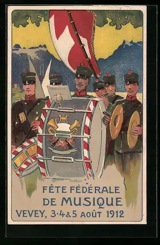 Künstler-AK Vevey, Fête Féderale de Musique 1912, Marsch-Kapelle
