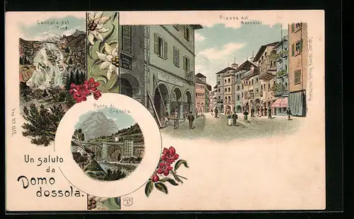 Lithographie Domodossola, Cascata del Toco, Piazza del Mercato