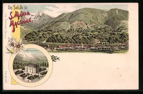 Lithographie S. Maria Maggiore, Hotel des Alpes, Panorama